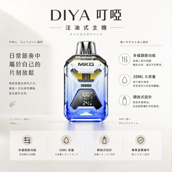 MKG 智能開放式注油小煙主機 可注入 20ml 煙油 多檔 POWER 模式爆發 支援 Type-C 高效快充