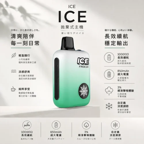 ICE 10000口拋棄式電子煙 長效續航隨身設備 850mAh大電量可充電 自定義涼度 台灣現貨