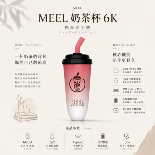 ChatGPT-Image-2026年8月23日-下午06_04_40.webp MEEL 奶茶杯 6000口大容量拋棄式電子煙 600mAh長效電力與智慧Type-C快充 3%順滑濃度