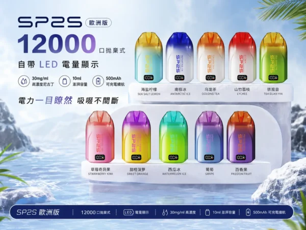 ChatGPT-Image-2026年9月2日-下午11_48_35.webp SP2S歐洲版12000口拋棄式電子煙 10ml澎湃容量技術 3%尼古丁鹽順滑摯喉電力一目瞭然 台灣現貨